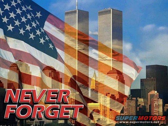 Composite image of the American flag, the Twin Towers, and city skyline with text 'NEVER FORGET'