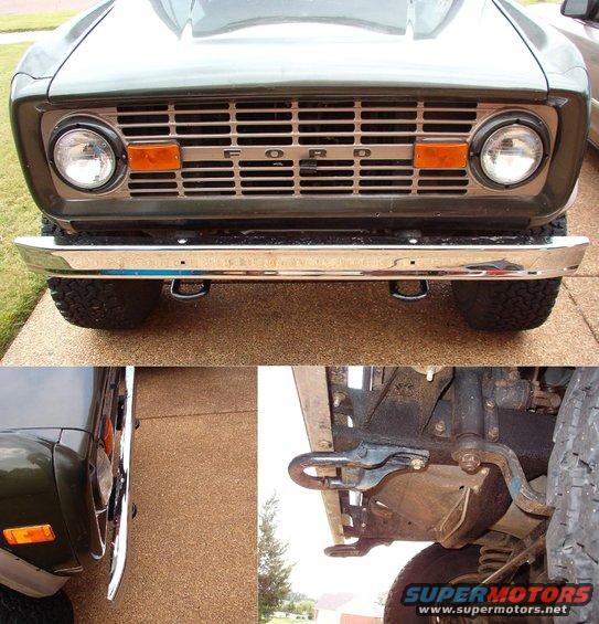 toweyes.jpg In preparation for OCBR09, we added Expedition/F150 towing eyes.  These are the cast-iron ones, attached using only their original mounting hardware; but the Aluminum ones weigh substantially less and are still strong enough for trucks 2x as heavy as this one.  The bumper doesn't even have to come off to install them using their factory hardware, and only 1 new hole is needed on each side.

Almost any OE towhook can be used:
[url=http://www.supermotors.net/registry/media/780463][img]http://www.supermotors.net/getfile/780463/thumbnail/toweyesfordpowdered.jpg[/img][/url] . [url=http://www.supermotors.net/registry/media/748434][img]http://www.supermotors.net/getfile/748434/thumbnail/towhooksbail.jpg[/img][/url] . [url=http://www.supermotors.net/registry/media/754786][img]http://www.supermotors.net/getfile/754786/thumbnail/toweye.jpg[/img][/url] . [url=http://www.supermotors.net/registry/media/730615][img]http://www.supermotors.net/getfile/730615/thumbnail/toweyesd.jpg[/img][/url] . [url=http://www.supermotors.net/registry/media/730608][img]http://www.supermotors.net/getfile/730608/thumbnail/toweyegm.jpg[/img][/url] . [url=http://www.supermotors.net/registry/media/738424][img]http://www.supermotors.net/getfile/738424/thumbnail/toweyesmil.jpg[/img][/url] . [url=http://www.supermotors.net/registry/media/754785][img]http://www.supermotors.net/getfile/754785/thumbnail/towhooksgm2.jpg[/img][/url]
We chose these because they're strong, stylish, silent, easy, aligned with the frame rails, and they can't hook the truck onto things it runs over.

The bottom R pic shows the rubber air deflector under the radiator.  It not only  prevents hot air from recirculating thru the radiator; it also keeps debris out of the belt.  It's a ~$2 piece of shower liner mat from Home Depot held on with some self-tapping screws & some steel strips.