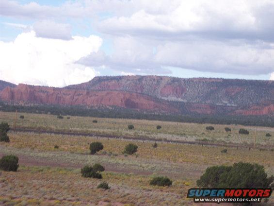 Desert landscape with red rock formations and scattered green bushes under a cloudy sky