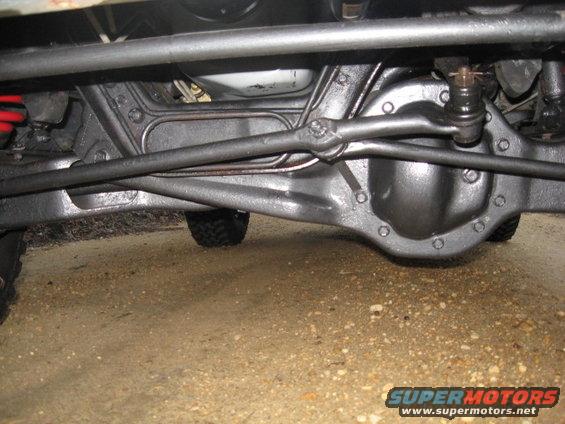 Undercarriage view of a vehicle's rear axle and suspension components, with a tire visible