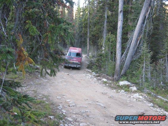Red van on a rocky dirt road in a forest