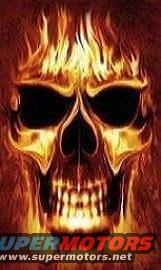 Skull with flames coming out of its eyes and mouth. Super Motors logo at the bottom