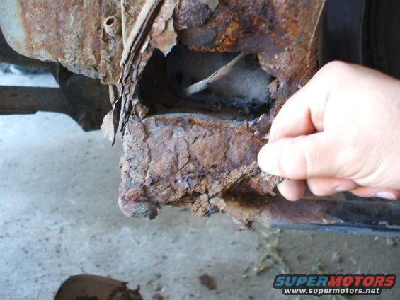 Heavily rusted vehicle frame section with a hand pointing to a hole