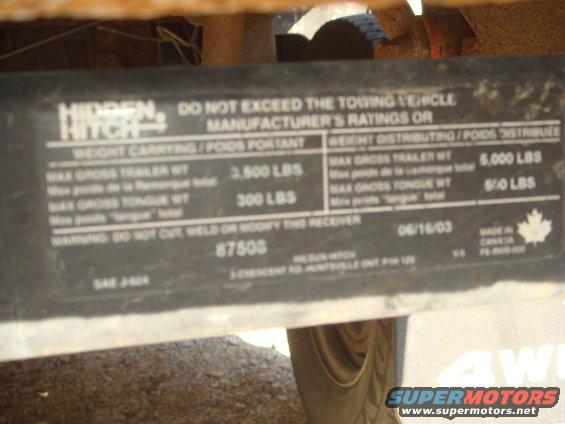 Trailer hitch data plate with weight ratings and manufacturing date 06/16/03
