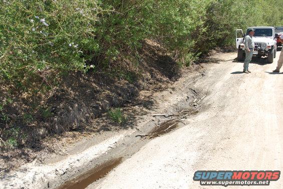 Two people stand by a white Jeep Wrangler on a dusty, rutted dirt road with brush on the left