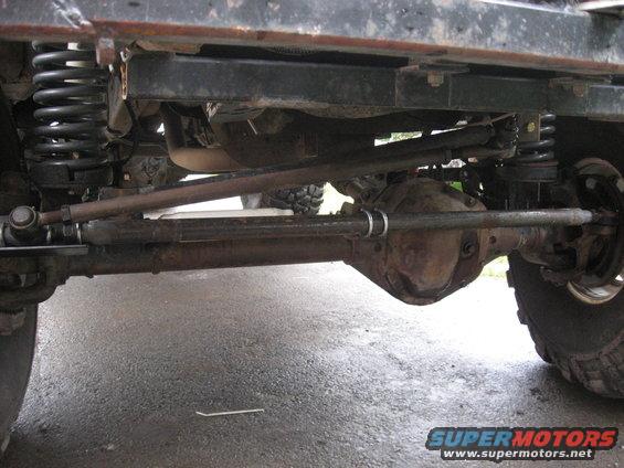 Undercarriage of a vehicle showing suspension, steering linkage, and differential
