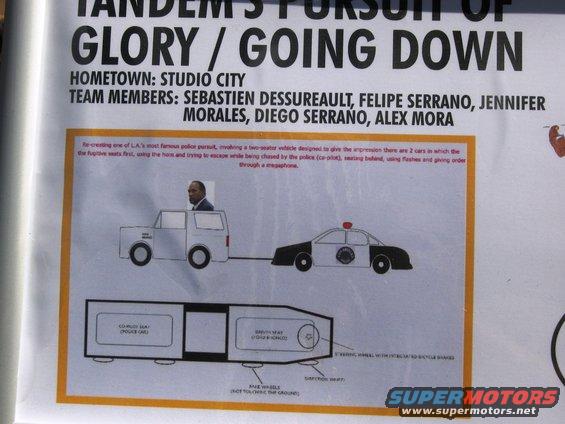 Diagram shows a car towing a police car, with a trailer below detailing interior components