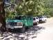 1990 Ford Bronco - A green 1990 Ford F-Series truck is parked in line with two SUVs under a tree.
