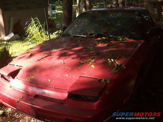 Red 1992 Nissan 240SX front view with hood covered in leaves