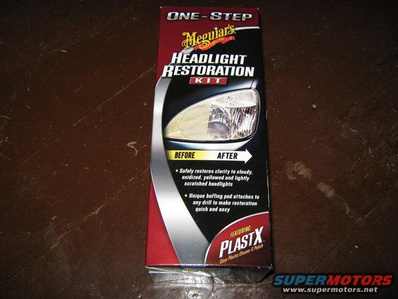Meguiar's One-Step Headlight Restoration Kit box showing before and after images of a headlight