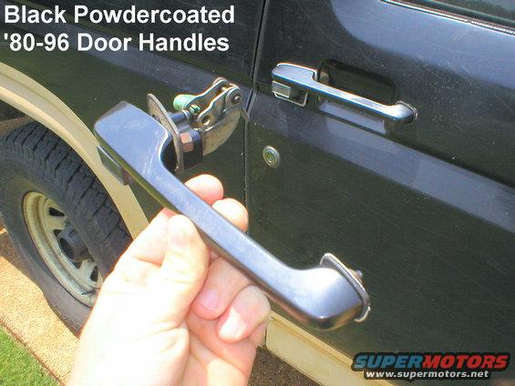 door-handle-black.jpg Powdercoated in medium gloss black 80-96 door handles. Appropriate for Nite, Lightning, and XLT Sport, but good-looking on any dark truck.  Button & hardware NOT included - transfer yours into these handles & then return your cores for $20/pr refund by PayPal or $15/pr by snail-mail MO.

[url=http://www.supermotors.net/registry/media/285580][img]http://www.supermotors.net/getfile/285580/thumbnail/doorhandlesbk.jpg[/img][/url]