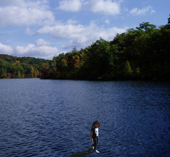 Person standing on a dock by a lake with trees in the background