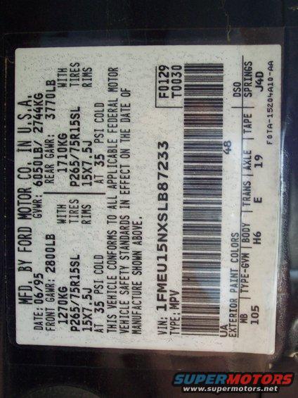Ford VIN sticker with manufacturing date 06/95 and vehicle type MPV