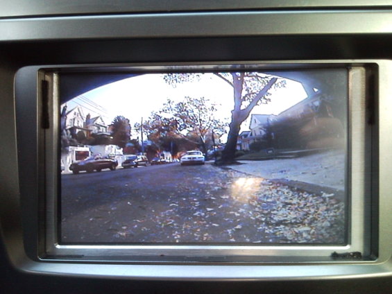 Backup camera view of a suburban street with parked cars and fallen leaves