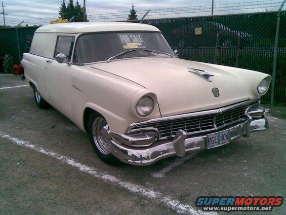 Cream 1955 Ford Courier sedan delivery van with chrome grille and "FOR SALE" sign