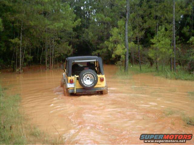 Yellow Jeep Wrangler driving through a muddy water-filled path with trees in the background