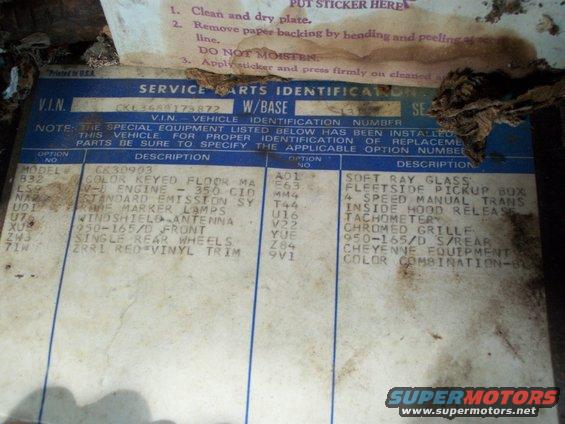 Service parts identification sticker with VIN, model, and options listed. Includes details like 350 CID V8 engine and Cheyenne equipment