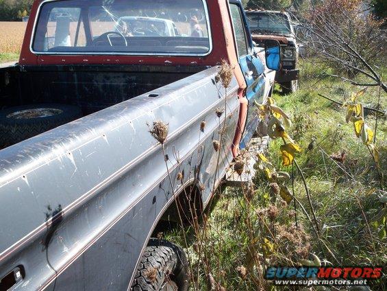 Side view of a 1979 Ford F-150 pickup truck, with another truck behind it in a grassy field