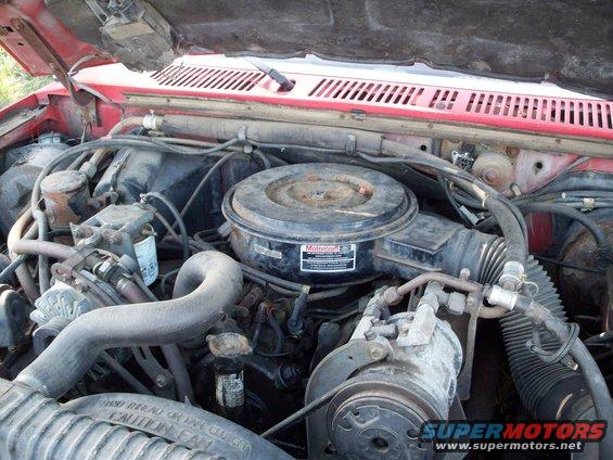 Engine bay of a 1988 Ford F-150, showing the air cleaner, hoses, and engine components