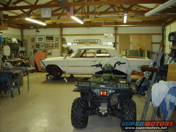 Here's the spot I work on my projects.  I like to be able to move the car around inside so I put the car up on some moble wheel-dollies I've built.  