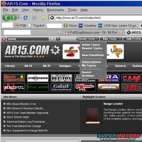 Screenshot of AR15.com website with forum tools dropdown menu open