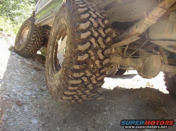 Muddy off-road tires on a vehicle climbing a rocky incline