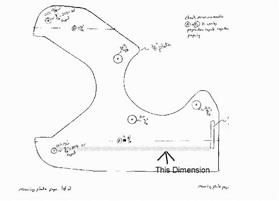 Diagram of a mounting plate with handwritten measurements and notes, labeled 'Mounting plate page 1 of 2'