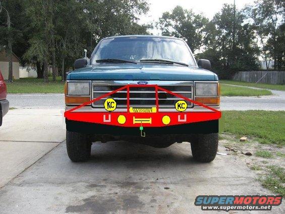 Teal 1992 Ford Explorer front view with red bull bar, KC lights, and winch