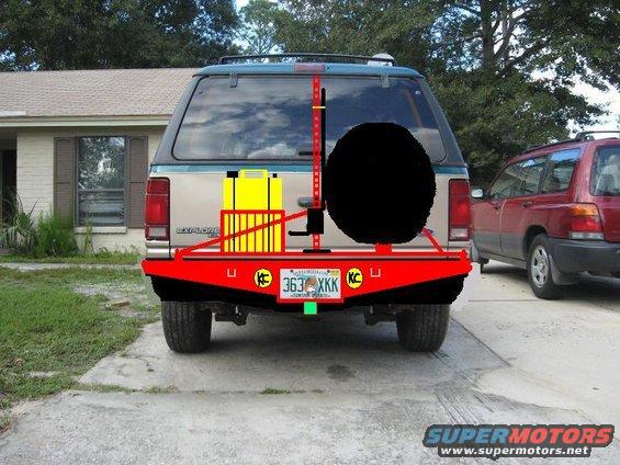 1992 Ford Explorer rear with red bumper, spare tire carrier, and yellow cargo box