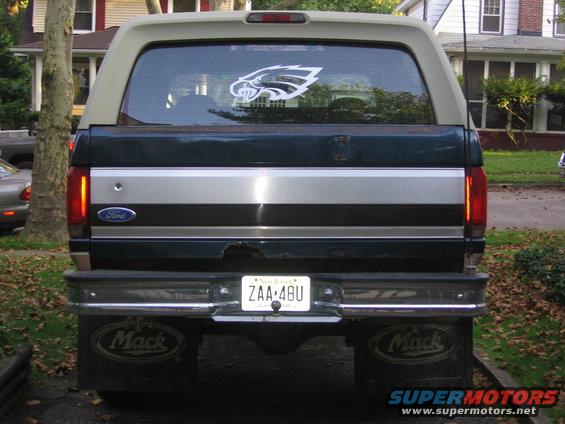 1994 Ford Bronco rear with Eagles logo on window and Mack mud flaps