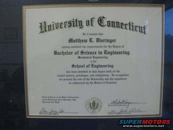 University of Connecticut diploma for Matthew L. Dieringer, Bachelor of Science in Engineering