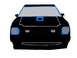 1978 Ford Mustang II - This is a drawing of a black car's front end, blue trim around the headlights and a blue hood scoop.