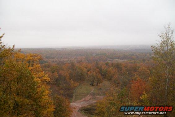 Overcast sky above autumn forest with yellow and orange leaves, and a dirt road