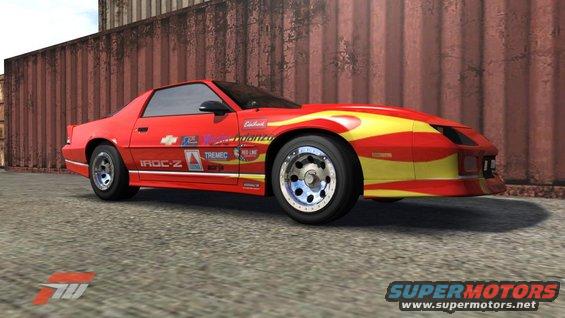 Red IROC-Z with yellow flames and racing decals, 3/4 front view
