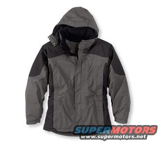 Two-tone grey and black hooded winter jacket with dark grey panels on shoulders and sides