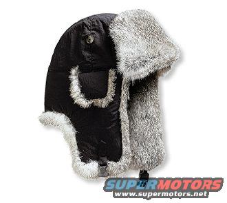 Black ushanka hat with grey fur trim and ear flaps