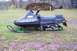 1990 Arctic Cat El Tigre EXT - A 1990 Arctic Cat El Tigre EXT snowmobile sits parked on a grassy area with a pile of logs in the background.