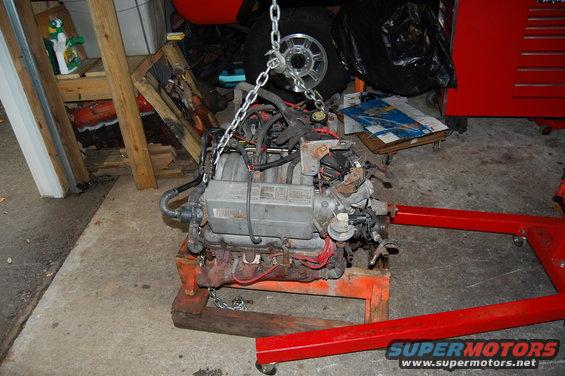 Engine on an engine stand, with chains attached