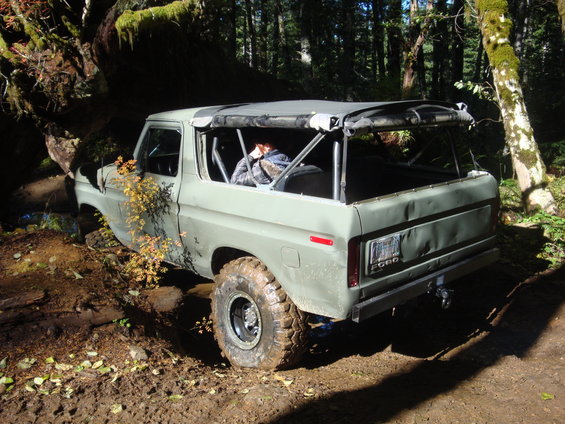 Olive green 1978 Ford Bronco with a soft top removed, stuck in mud on a forest trail