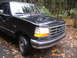 1995 Ford F-150 - Front corner view of a black 1995 Ford F-150 truck in a wooded area.