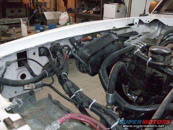 Close-up of engine bay wiring harness and hoses