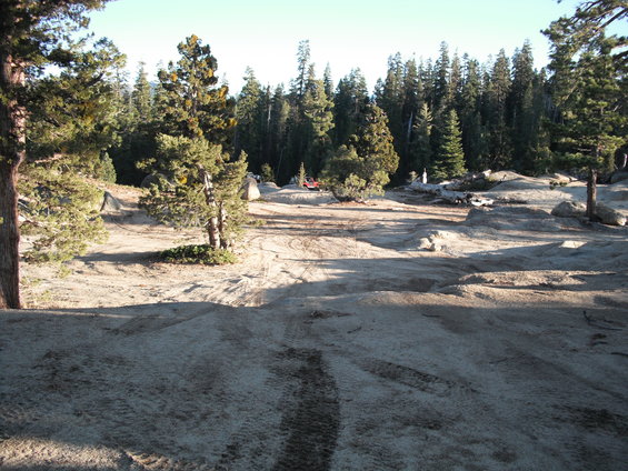 Red off-road vehicle parked in a wooded, rocky area with tire tracks on the ground