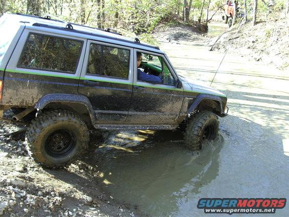 Muddy black Jeep Cherokee XJ with green stripe, side view, driving through water