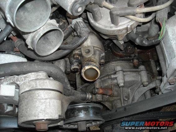 hoses_off.jpg The upper radiator hose was simply removed from the housing and shoved to the side. I found it easier to take the heater hose off of the housing first and then remove it from the water pump completely to get it out of the way.