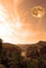 1970 Mercury Cougar - A dramatic landscape scene features a large, luminous moon in an orange-tinted sky over a canyon.