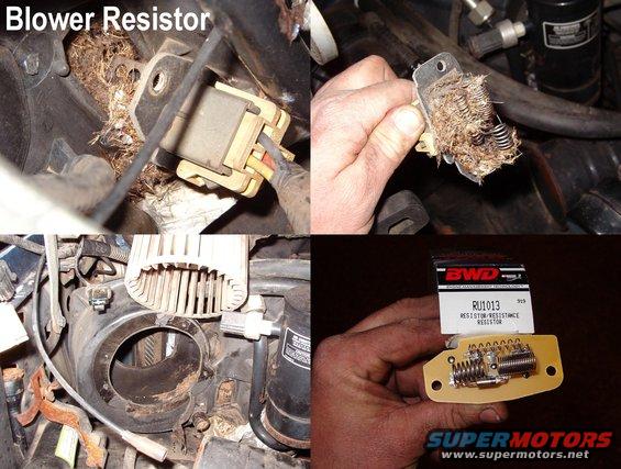 resistor.jpg After replacing the muffler, I could hear that the blower would only run at HI speed, so I bought a new resistor.  When I pulled the old one, I saw why it had overheated - a squirrel nest in the squirrel cage.  Part of the blower was chewed away, causing it to vibrate, and the motor itself didn't spin freely.  Penetrating oil followed by engine oil in the blower motor's bearings seems to have fixed the motor, but I'll have to replace the squirrel cage, and wash out the evaporator core when I [url=http://www.supermotors.net/registry/21191/71804-4]convert to R-134a[/url].

Blower Motor Siemens PM249; [url=http://www.amazon.com/dp/B000C5BUB6/]Motorcraft MM527[/url]; Visteon 100066
Blower Motor Connector [url=http://www.amazon.com/dp/B000IYIUL4/]Motorcraft WPT041[/url]
Blower Wheel [url=http://www.amazon.com/dp/B00809W254/]Motorcraft MM1071[/url], Siemens BW9308 (smaller metal)
Blower Motor Resistor [url=http://www.amazon.com/dp/B001CAB9YI/]Motorcraft YH1698[/url]; Wells JA1176; [url=https://www.amazon.com/dp/B000C83QHY]Standard RU318[/url] or [url=https://www.amazon.com/dp/B08MMV7KT5]w/pigtail[/url]; BWD RU1013; Dorman 973-011 (973-412 with pigtail)
Blower Resistor Connector Dorman 973-307; Standard Motor Products RU318; ACDelco 15-80675

[url=https://www.supermotors.net/registry/media/1167220_1][img]https://www.supermotors.net/getfile/1167220/thumbnail/hvacwiring-9296.jpg[/img][/url]

It also required these repairs:

[url=http://www.supermotors.net/registry/media/767412][img]http://www.supermotors.net/getfile/767412/thumbnail/recircline.jpg[/img][/url] . [url=http://www.supermotors.net/registry/media/768018][img]http://www.supermotors.net/getfile/768018/thumbnail/53squirrelcage.jpg[/img][/url]

****UPDATE****
After several months, the motor is still working fine.