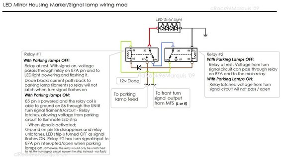 ledmirroralternateflash.jpg Wiring mod for an auxiliary side marker/signal lamp to have the marker flash with signals, but also illuminate with parking lamps and flash OFF