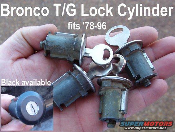 tglockcyls.jpg '78-96 Bronco Tailgate Lock Cylinders (F2TZ-9821984-A) w/ matching keys
https://www.npdlink.com/product/lock-cylinder-and-keys-tailgate/207568/80870
SOLD the black one (F5TZ-9821984-BA)


TSB 99-24-02 Service PN: F6TZ-9821984-AA

I DO NOT KEEP SPARE KEYS or records of these locks.  There's one key made for each lock, so copy it as soon as you receive it.  I can't help you if you lose the key. As of 9/21, I have 9 used original t/g lock cylinders with keys, but 3 have cosmetic dents on the bezels. They all work perfectly.

[url=http://www.supermotors.net/registry/media/401380][img]http://www.supermotors.net/getfile/401380/thumbnail/tailgatelockparts.jpg[/img][/url]

[url=https://www.npdlink.com/product/lock-cylinder-and-keys-tailgate-black-2-key/207568]New aftermarket[/url]