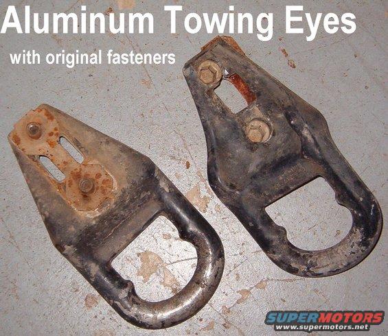 toweyesal.jpg Original F150/Expedition/SportTrac cast Aluminum Towing Eyes w/original hardware [url=https://www.ebay.com/sch/i.html?_ssn=untod]Also available via eBay.[/url]
POWDERCOATED gloss black also available.

Actual weight: 6 lbs/pr
Actual size: 2.5 x 5 x 10&quot; each (excluding bolts & nut plates)

These fit well on '66-77 Broncos & '92-96 Broncos & F-series.
[url=http://www.supermotors.net/registry/media/756626][img]http://www.supermotors.net/getfile/756626/thumbnail/toweyes.jpg[/img][/url] . [url=http://www.supermotors.net/registry/media/768017][img]http://www.supermotors.net/getfile/768017/thumbnail/9finished.jpg[/img][/url]