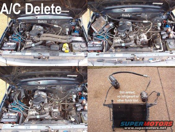 acdelete.jpg The entire A/C refrigerant  system can be removed (or INSTALLED) as a unit from all '80-96 gasoline (& probably diesel) F-series & Broncos without much trouble.  The fan & shroud have to come out so the radiator can tilt back, and the belt has to come off, of course.  But no coolant, refrigerant, or other fluid lines have to be opened.
IF THE IMAGE IS TOO SMALL, click it.

[url=https://www.supermotors.net/registry/media/994176][img]https://www.supermotors.net/getfile/994176/thumbnail/ac95b58.jpg[/img][/url]

If you're just cleaning the evaporator core, nothing else needs to be removed.

[url=https://www.supermotors.net/registry/media/309100][img]https://www.supermotors.net/getfile/309100/thumbnail/52evap.jpg[/img][/url]

See also:

[url=https://www.supermotors.net/registry/21191/71804-4][img]https://www.supermotors.net/getfile/769755/thumbnail/11parts.jpg[/img][/url] . [url=https://www.supermotors.net/registry/media/744425][img]https://www.supermotors.net/getfile/744425/thumbnail/idleracdeletev8.jpg[/img][/url] . [url=https://www.supermotors.net/registry/media/227665][img]https://www.supermotors.net/getfile/227665/thumbnail/ac-system-function.jpg[/img][/url] . [url=https://www.supermotors.net/registry/media/980114][img]https://www.supermotors.net/getfile/980114/thumbnail/evaplines.jpg[/img][/url] . [url=https://www.supermotors.net/registry/media/978974][img]https://www.supermotors.net/getfile/978974/thumbnail/evaps.jpg[/img][/url] . [url=https://www.supermotors.net/registry/media/978973][img]https://www.supermotors.net/getfile/978973/thumbnail/latchmts.jpg[/img][/url]